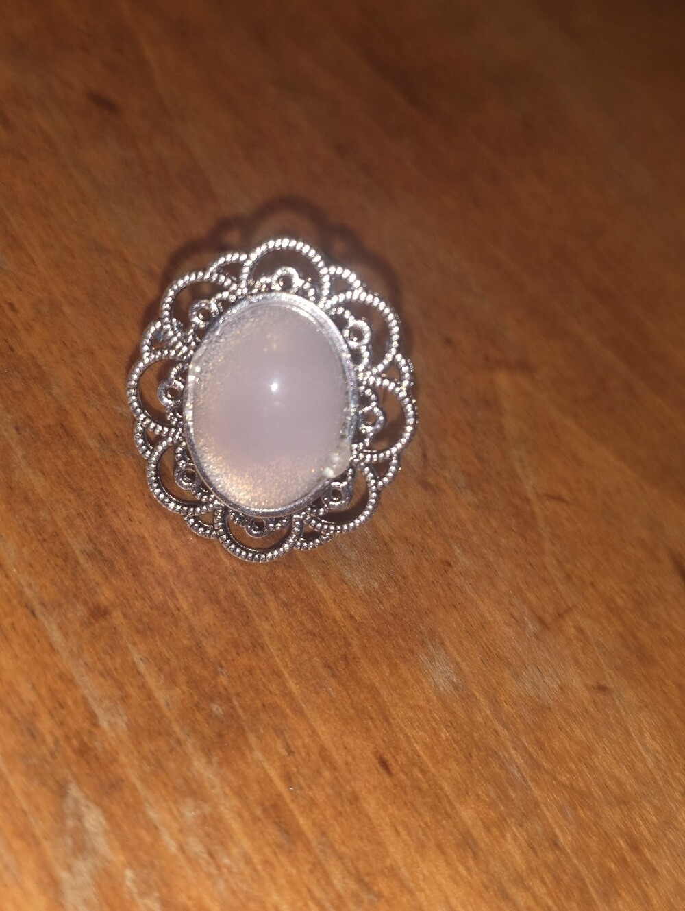 Rose Quartz Gemstone In Silver Tone Frame Adjustable Ring